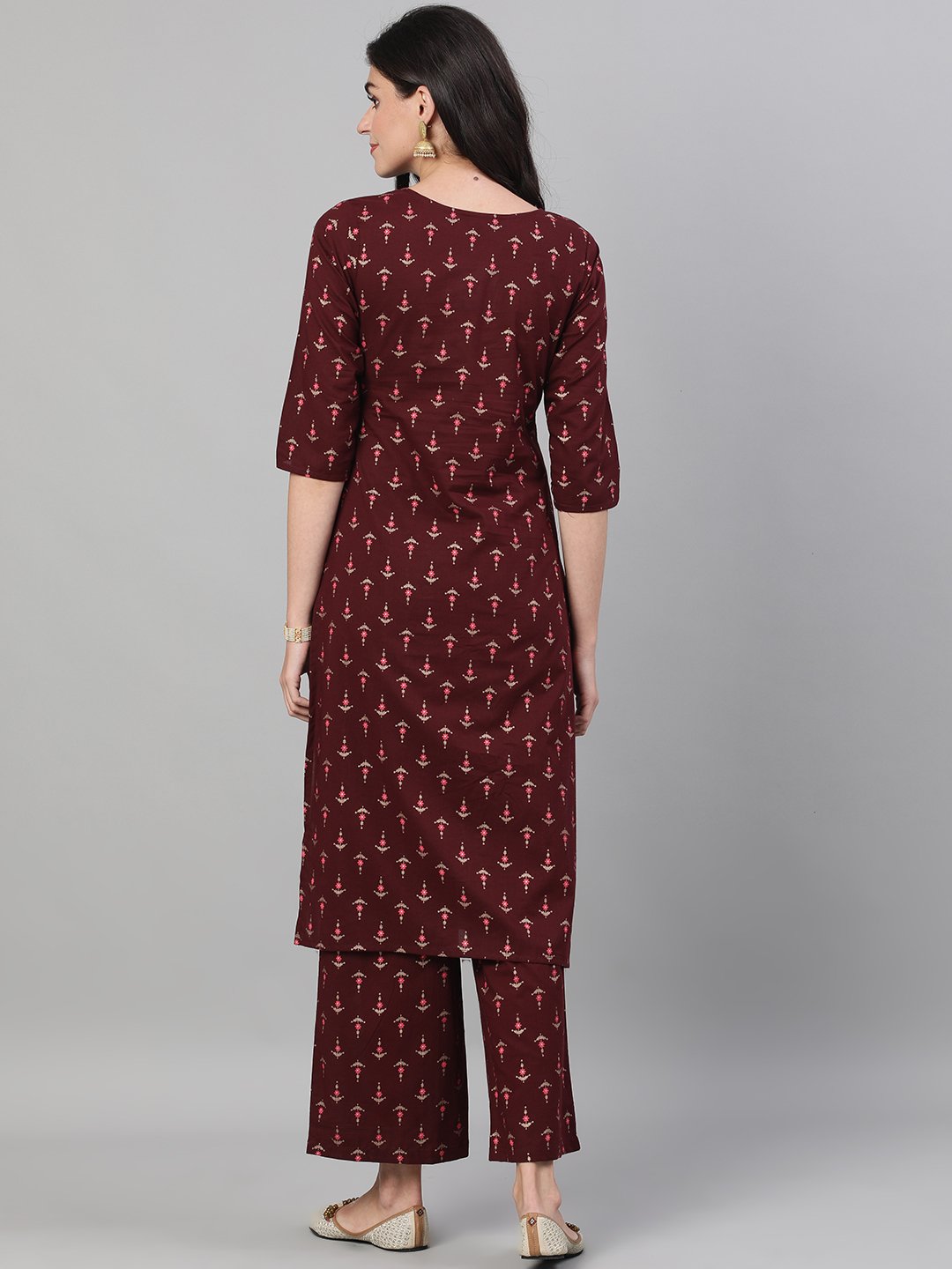 Women Wine Three-Quarter Sleeves Printed Kurta-Palazzo with pockets and Face Mask | NOZ2TOZ - Made In INDIA.