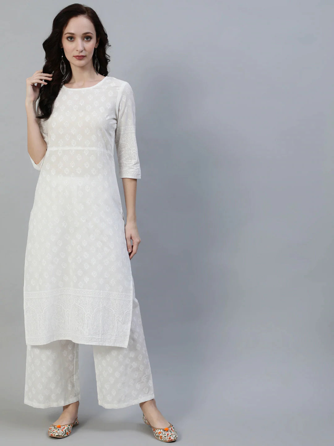 Women Off White Straight Block Print Pure Cotton Kurta & Palazzos | NOZ2TOZ - Made In INDIA.