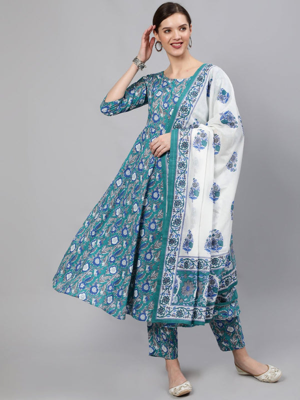 Women Blue Printed Flared Kurta With Plazo & Dupatta | NOZ2TOZ - Made In INDIA.