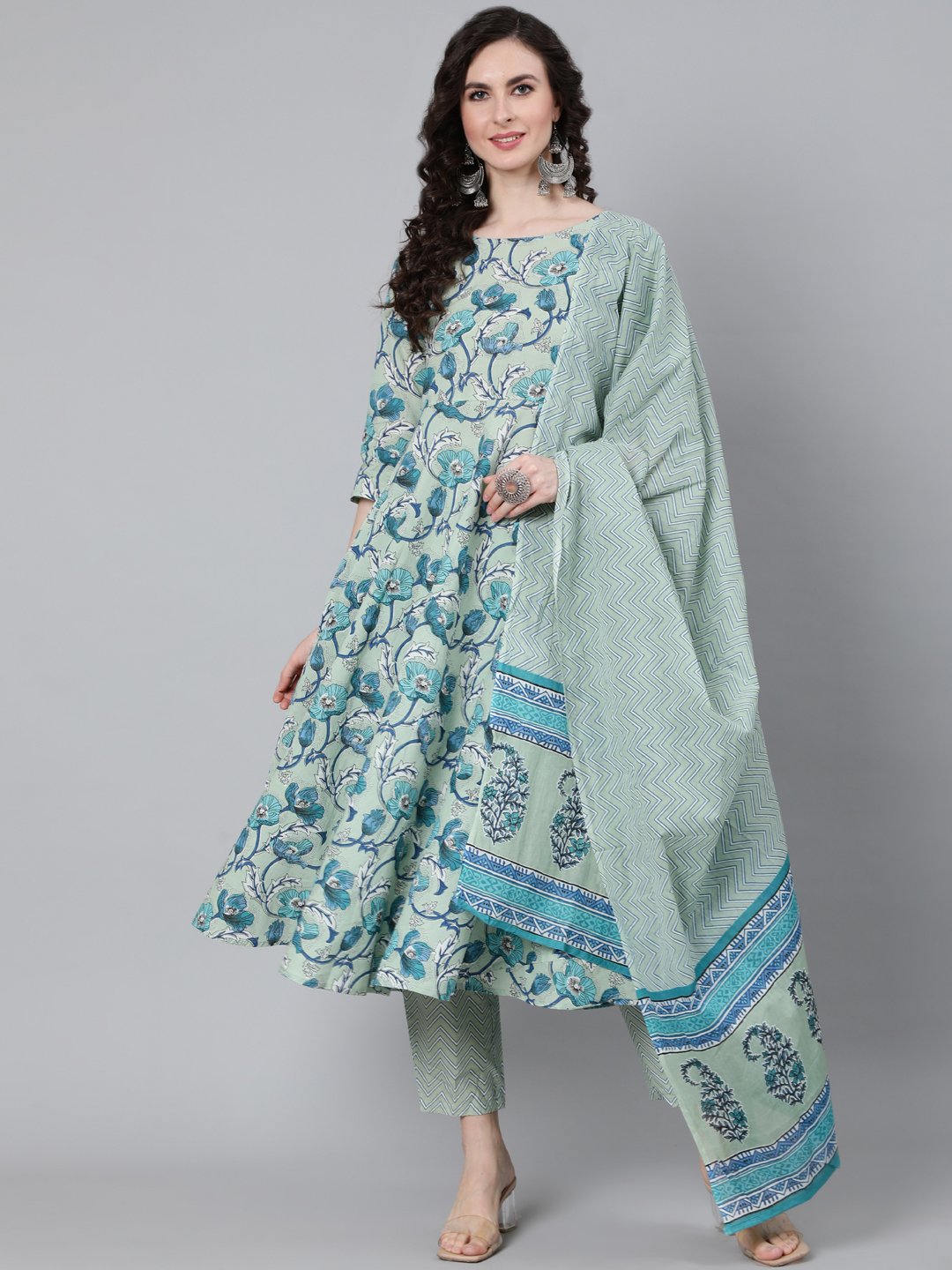 Women Sage Green Floral Printed Kurta With Trouser & Dupatta | NOZ2TOZ - Made In INDIA.