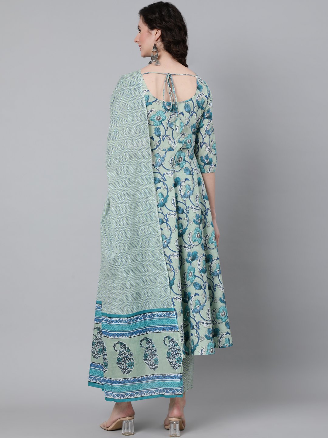 Women Sage Green Floral Printed Kurta With Trouser & Dupatta | NOZ2TOZ - Made In INDIA.