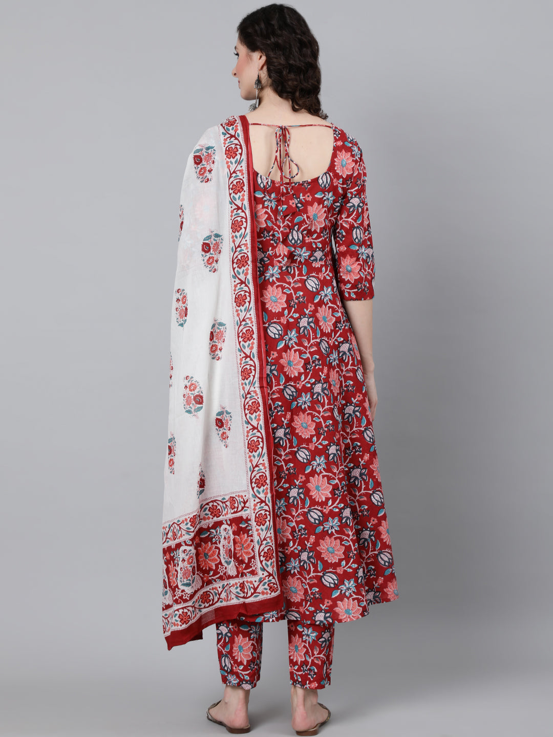 Women Red Floral Printed Kurta With Trouser & Dupatta | NOZ2TOZ - Made In INDIA.