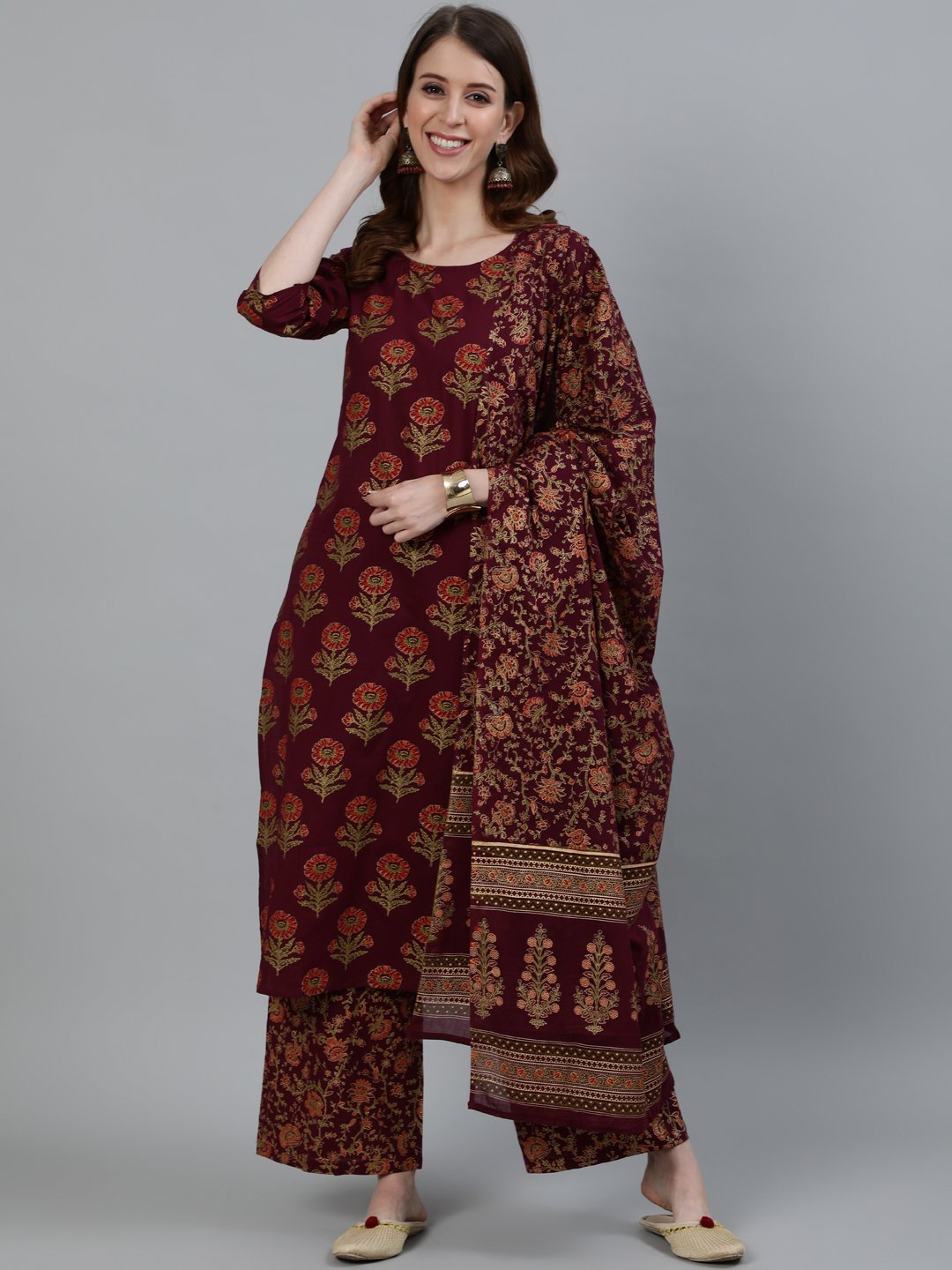 Women Burgundy Floral Printed Pure Cotton Kurta & Palazzos With Dupatta | NOZ2TOZ - Made In INDIA.