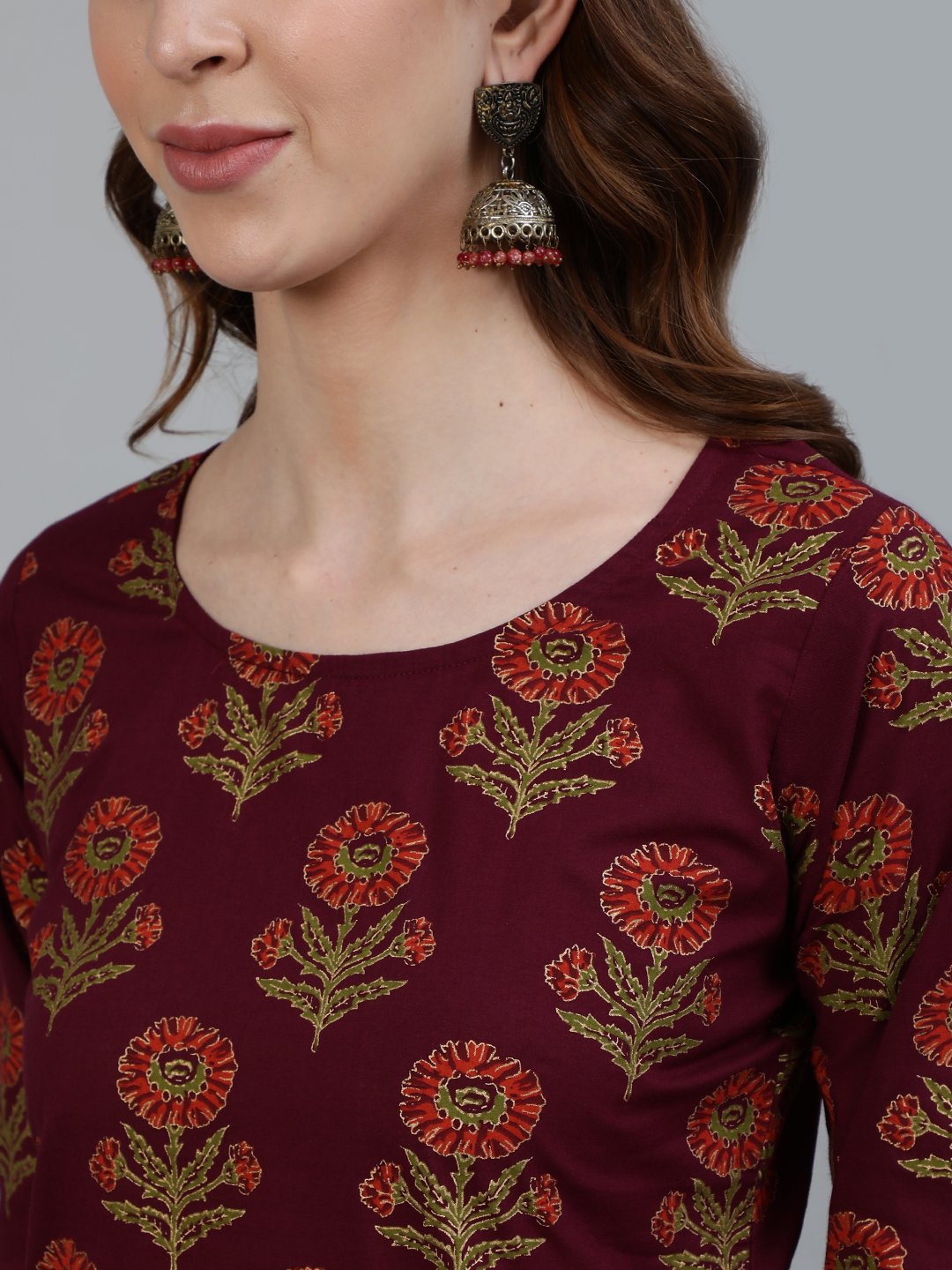 Women Burgundy Floral Printed Pure Cotton Kurta & Palazzos With Dupatta | NOZ2TOZ - Made In INDIA.