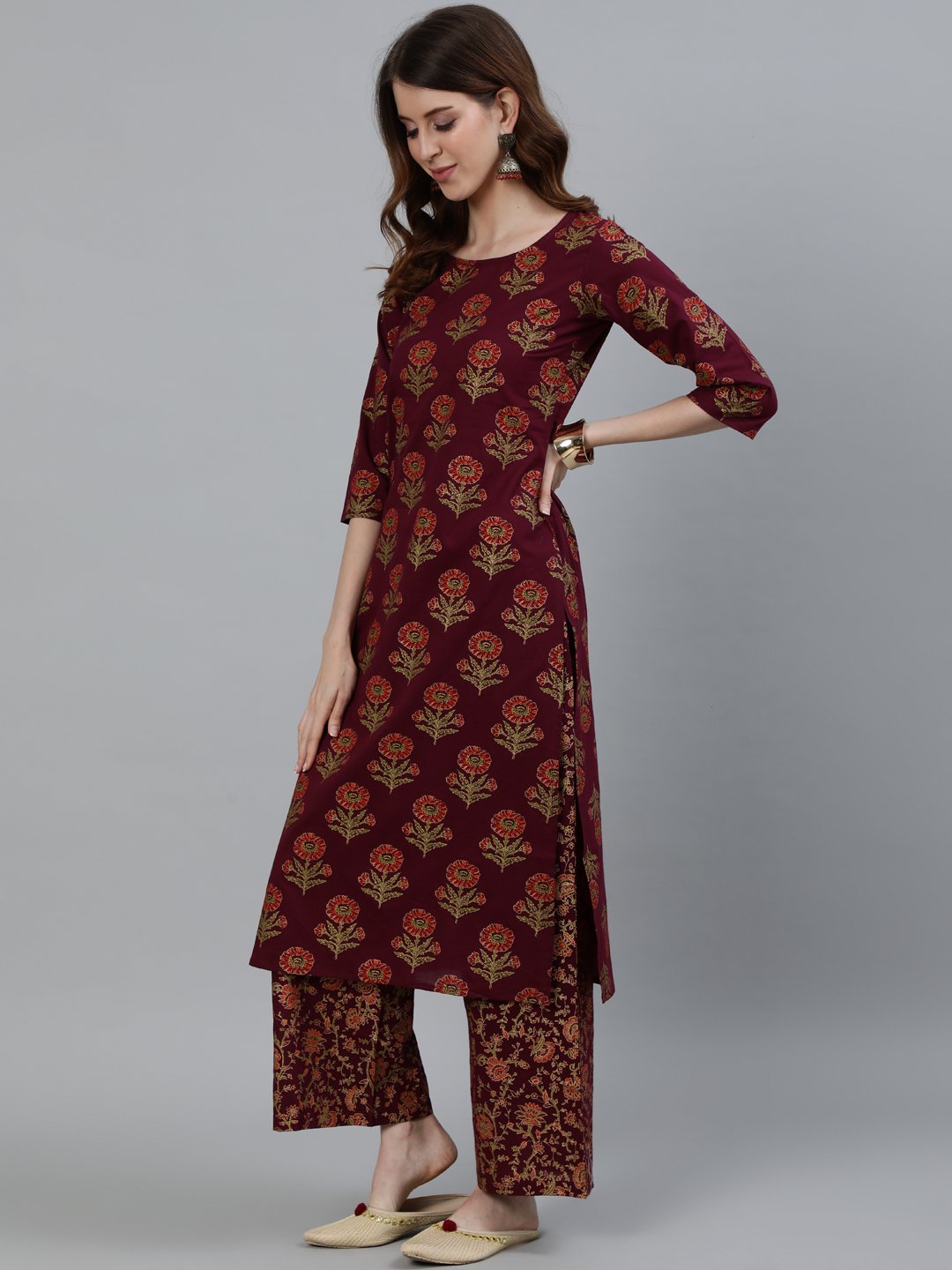 Women Burgundy Floral Printed Pure Cotton Kurta & Palazzos With Dupatta | NOZ2TOZ - Made In INDIA.