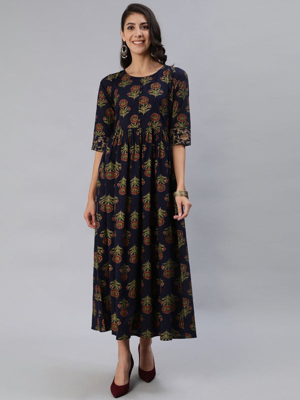 Women Navy Blue Printed Maxi Dress With Three Quarter Sleeves | NOZ2TOZ - Made In INDIA.