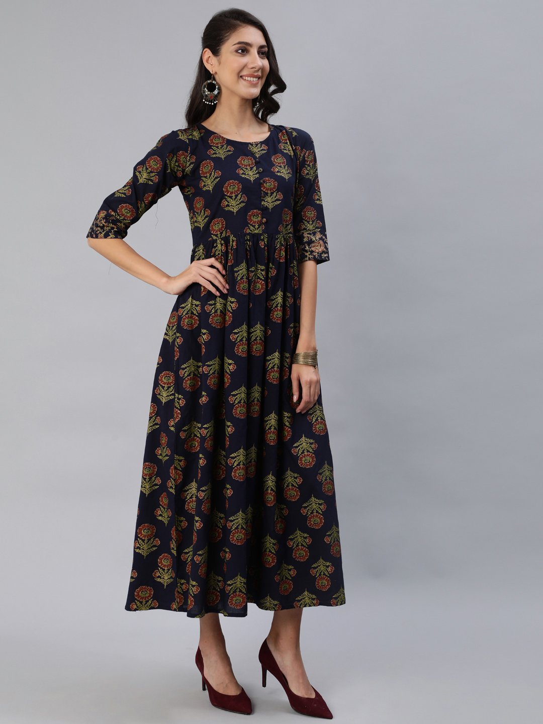 Women Navy Blue Printed Maxi Dress With Three Quarter Sleeves | NOZ2TOZ - Made In INDIA.