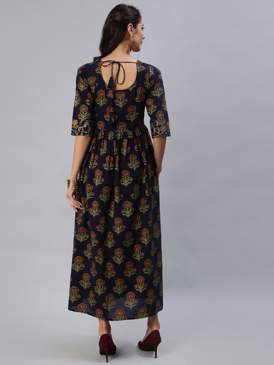 Women Navy Blue Printed Maxi Dress With Three Quarter Sleeves | NOZ2TOZ - Made In INDIA.