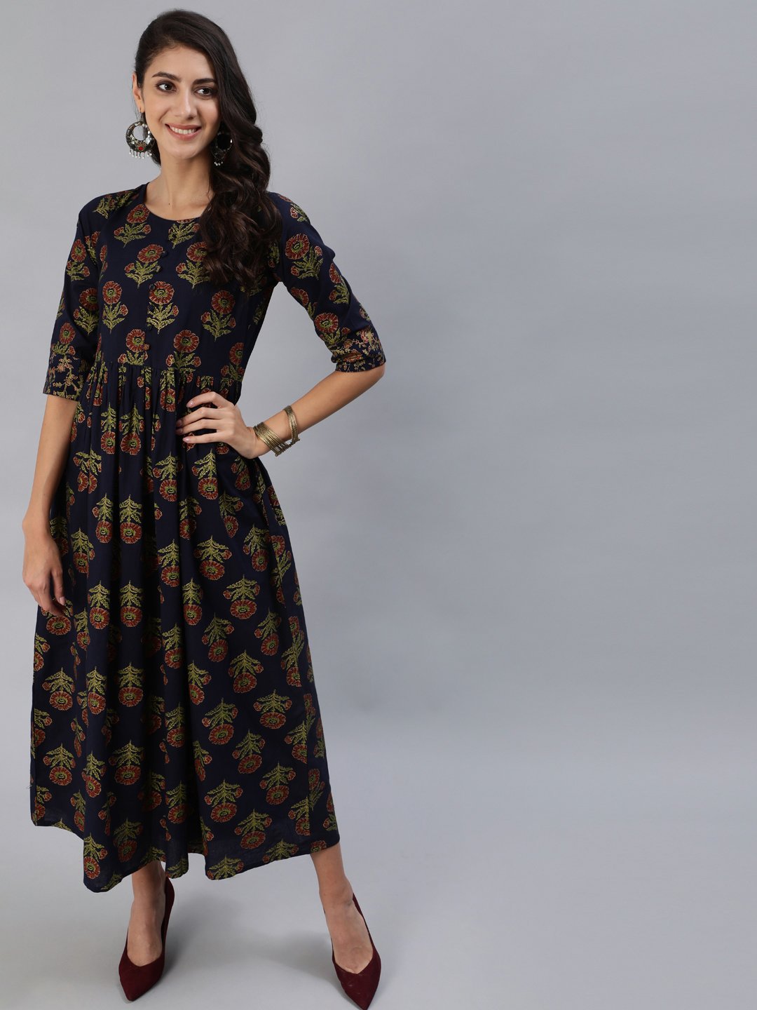 Women Navy Blue Printed Maxi Dress With Three Quarter Sleeves | NOZ2TOZ - Made In INDIA.