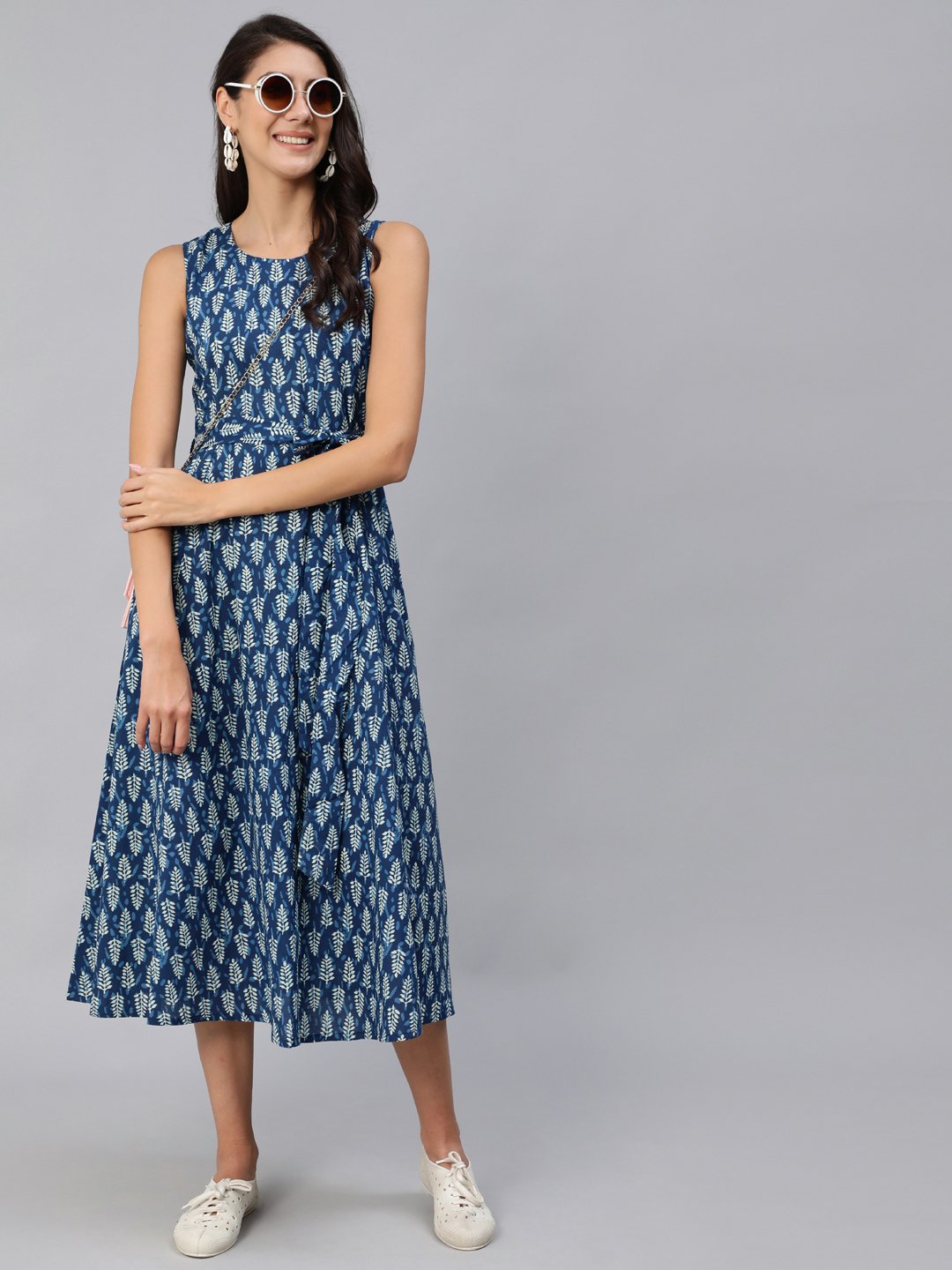 Women Blue Printed Sleeveless Dress | NOZ2TOZ - Made In INDIA.