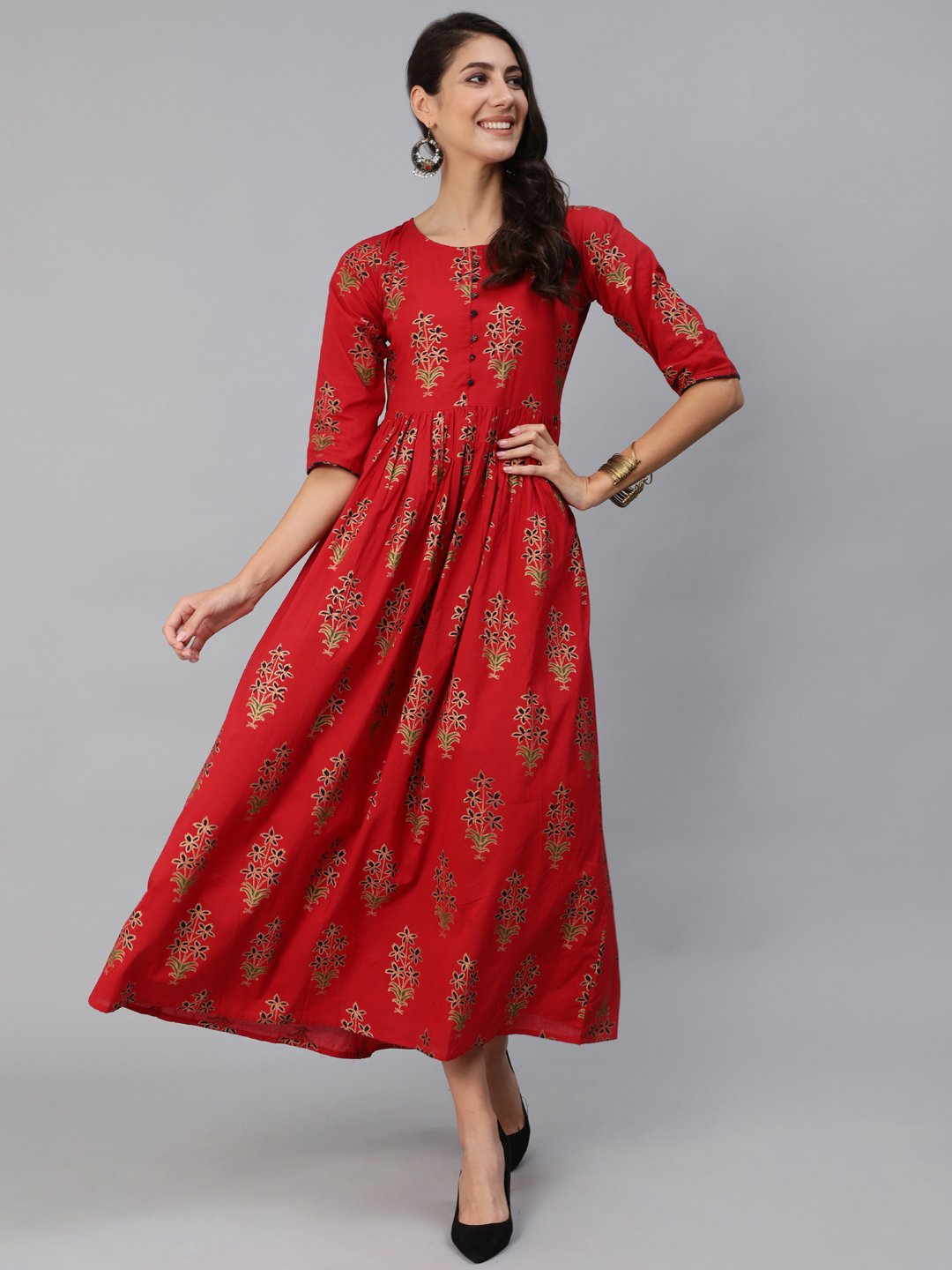 Women Red & Gold Printed Maxi Dress With Three Quarter Sleeves | NOZ2TOZ - Made In INDIA.