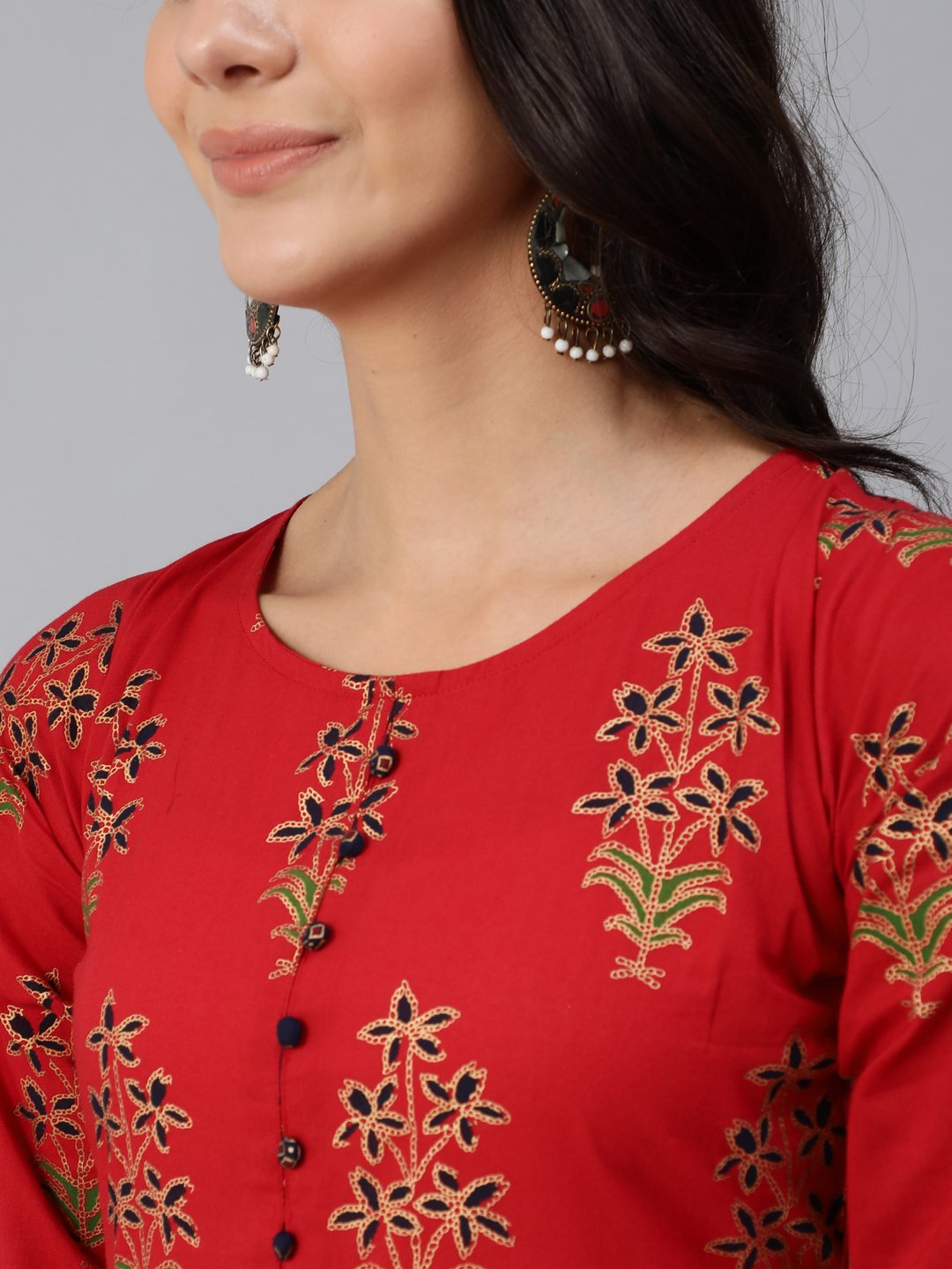 Women Red & Gold Printed Maxi Dress With Three Quarter Sleeves | NOZ2TOZ - Made In INDIA.