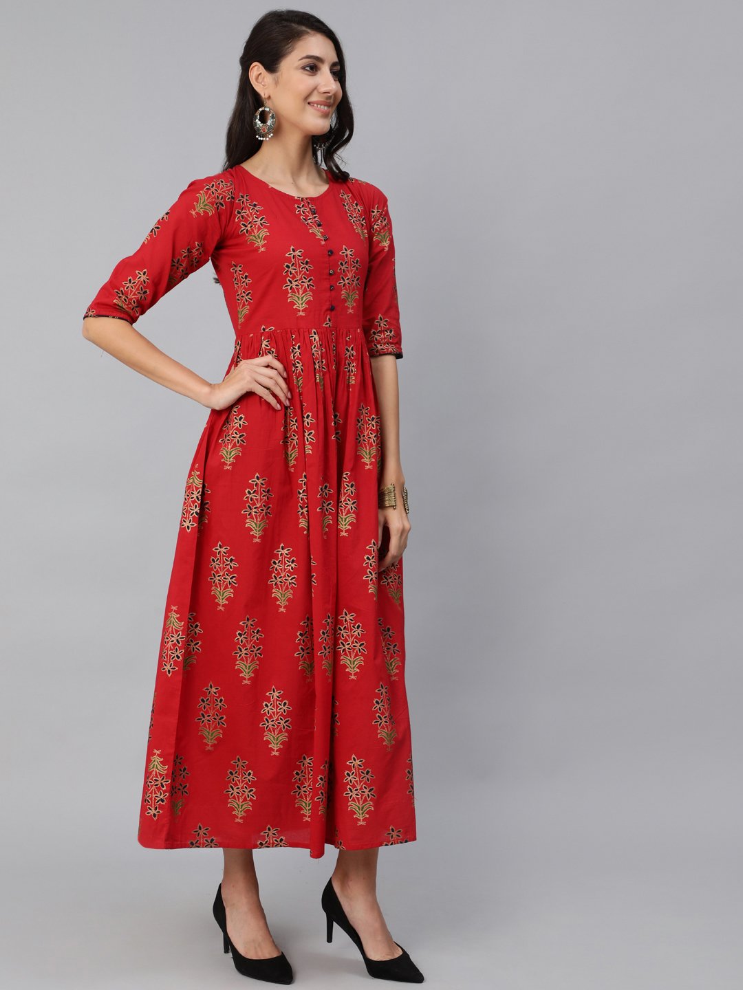 Women Red & Gold Printed Maxi Dress With Three Quarter Sleeves | NOZ2TOZ - Made In INDIA.