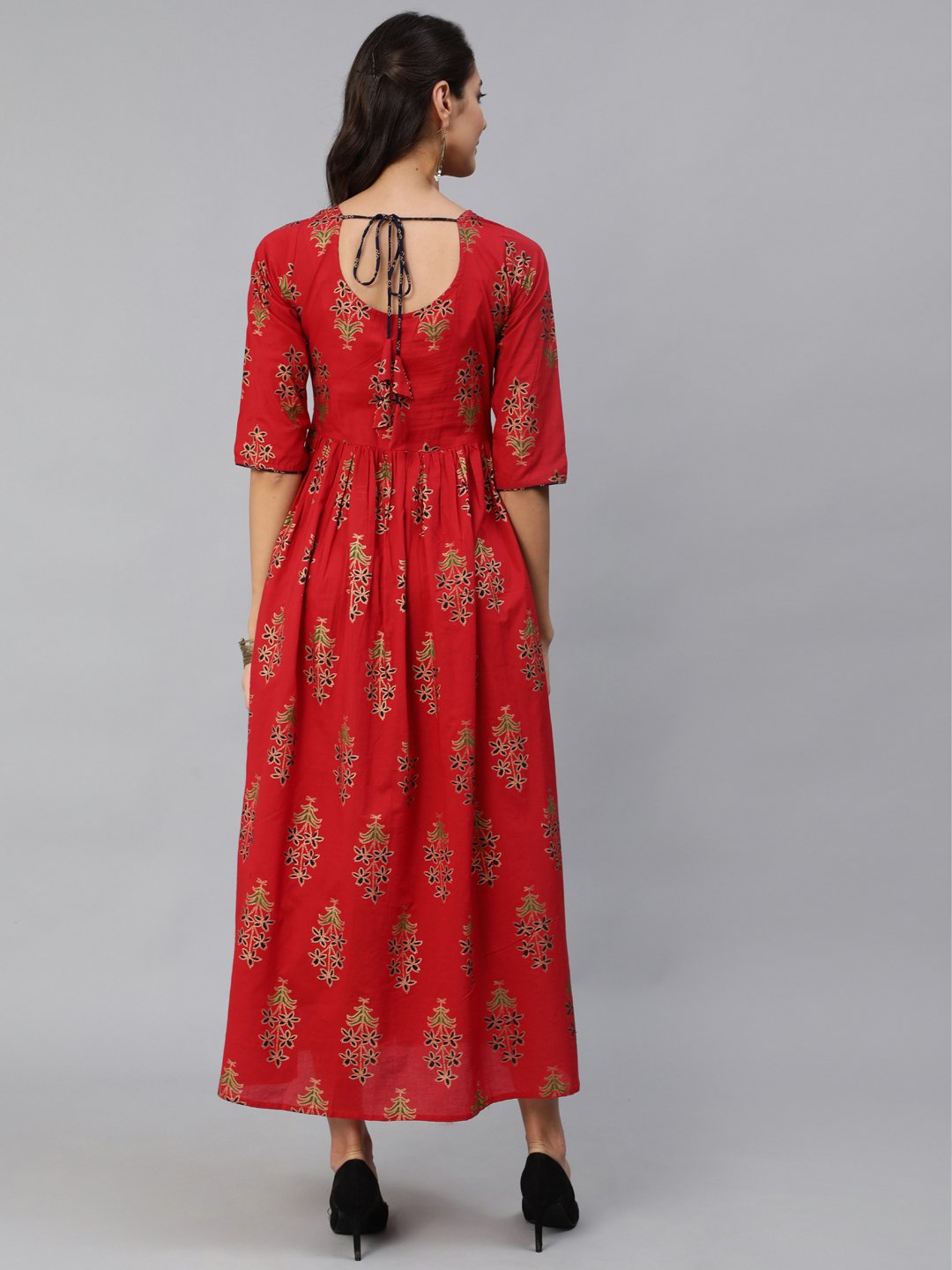 Women Red & Gold Printed Maxi Dress With Three Quarter Sleeves | NOZ2TOZ - Made In INDIA.