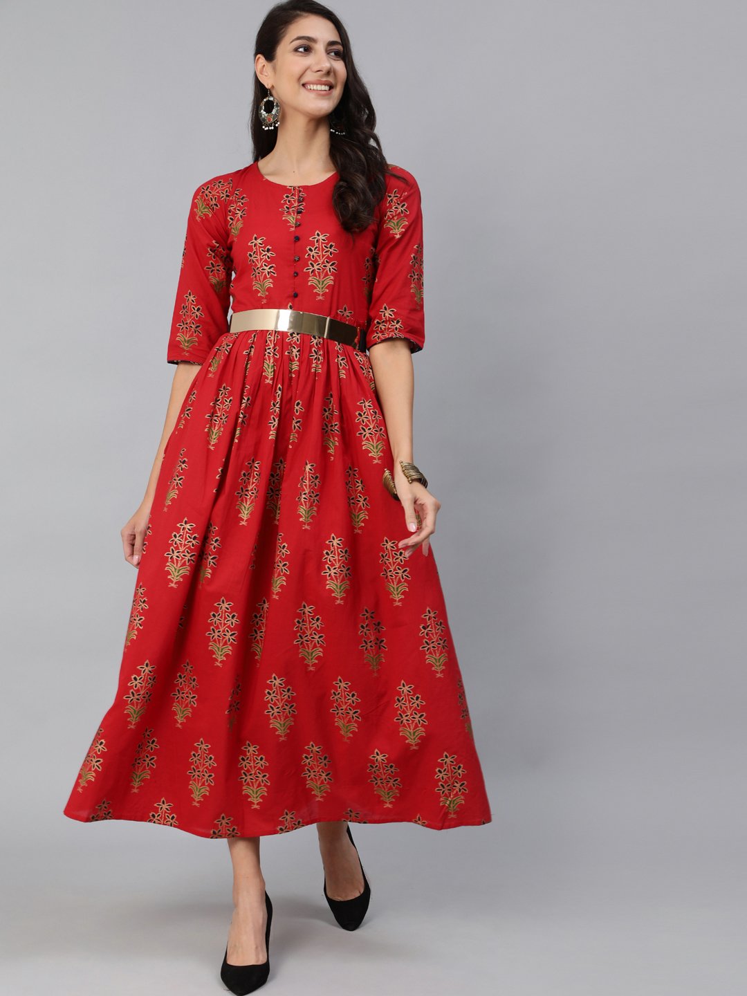 Women Red & Gold Printed Maxi Dress With Three Quarter Sleeves | NOZ2TOZ - Made In INDIA.