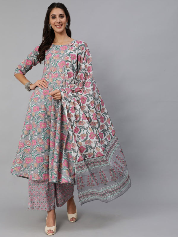 Women Grey Floral Printed Kurta Set With Palazo & Dupatta | NOZ2TOZ - Made In INDIA.