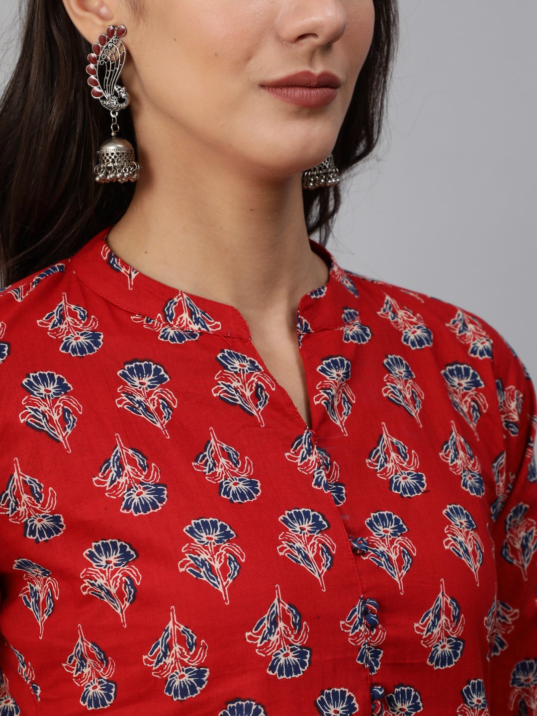 Women Red & Blue Floral Printed Kurta Set With Palazo & Dupatta | NOZ2TOZ - Made In INDIA.