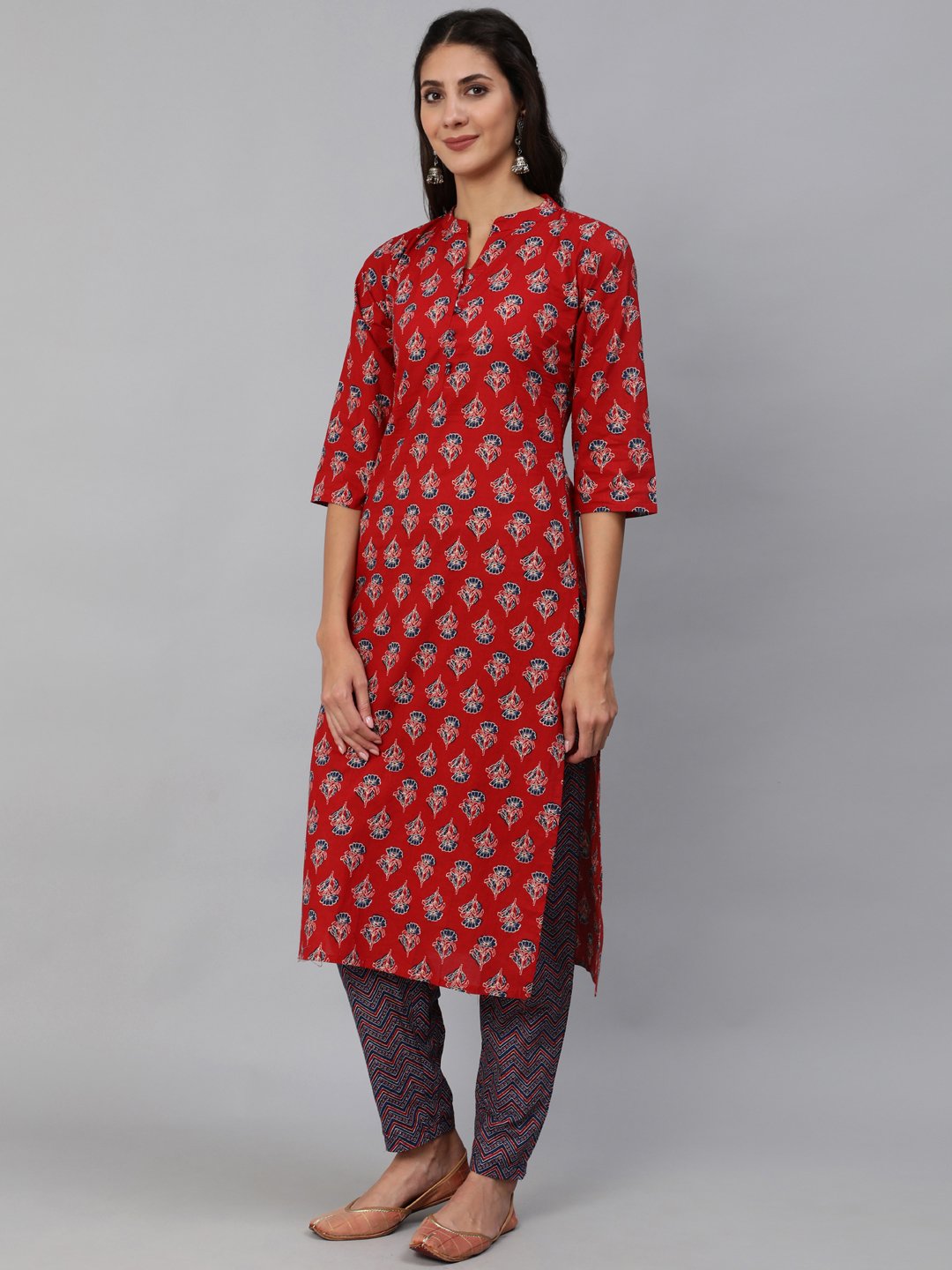 Women Red & Blue Floral Printed Kurta Set With Palazo & Dupatta | NOZ2TOZ - Made In INDIA.