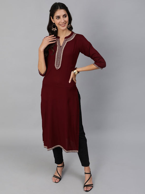 Women Burgundy Embroidered Straight Kurta With Three Quarter Sleeves | NOZ2TOZ - Made In INDIA.