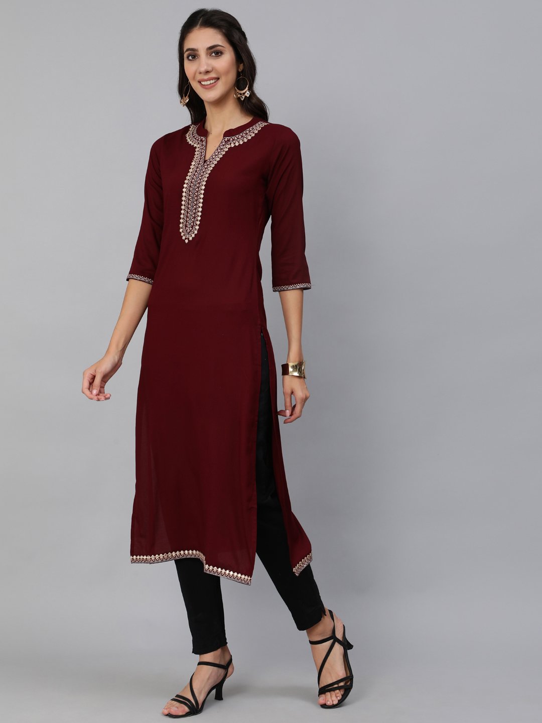 Women Burgundy Embroidered Straight Kurta With Three Quarter Sleeves | NOZ2TOZ - Made In INDIA.