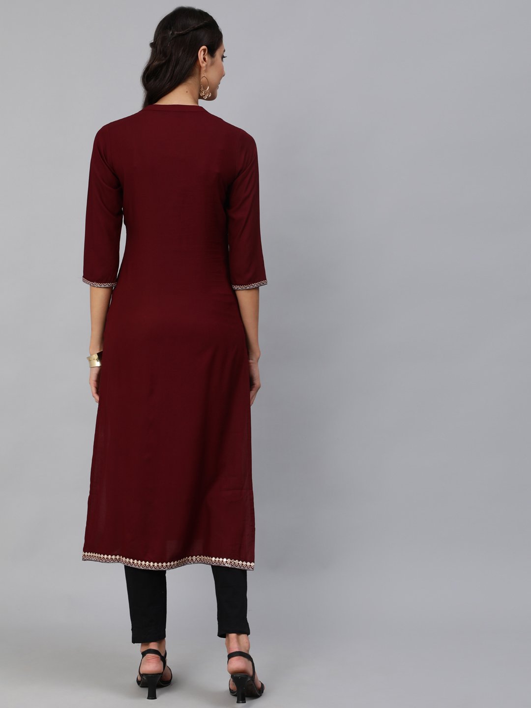 Women Burgundy Embroidered Straight Kurta With Three Quarter Sleeves | NOZ2TOZ - Made In INDIA.