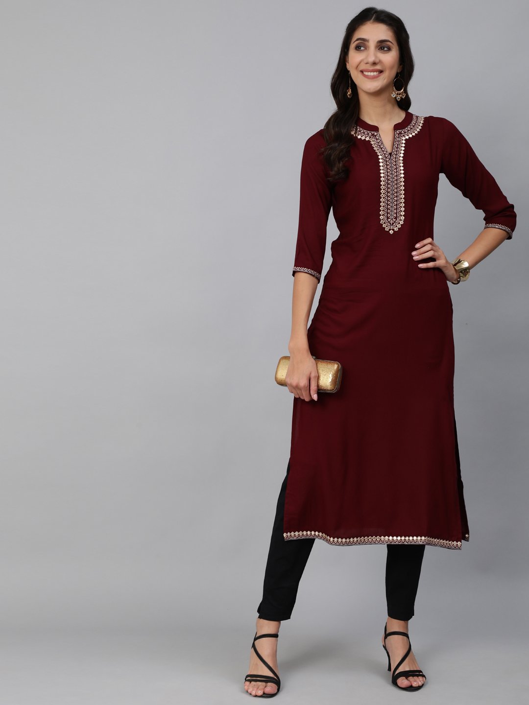 Women Burgundy Embroidered Straight Kurta With Three Quarter Sleeves | NOZ2TOZ - Made In INDIA.