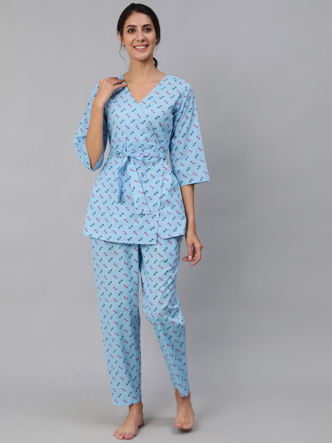 Women Blue Printed Wrap Around Night Suit Set | NOZ2TOZ - Made In INDIA.