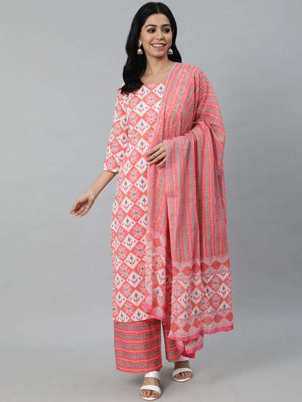 Women Pink Printed Straight Kurta With Plazo & Dupatta | NOZ2TOZ - Made In INDIA.