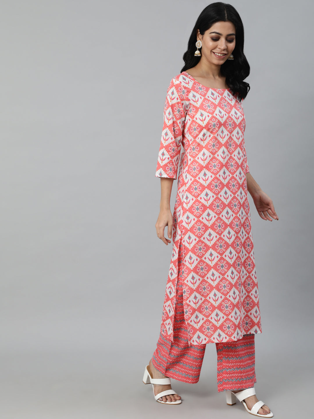 Women Pink Printed Straight Kurta With Plazo & Dupatta | NOZ2TOZ - Made In INDIA.