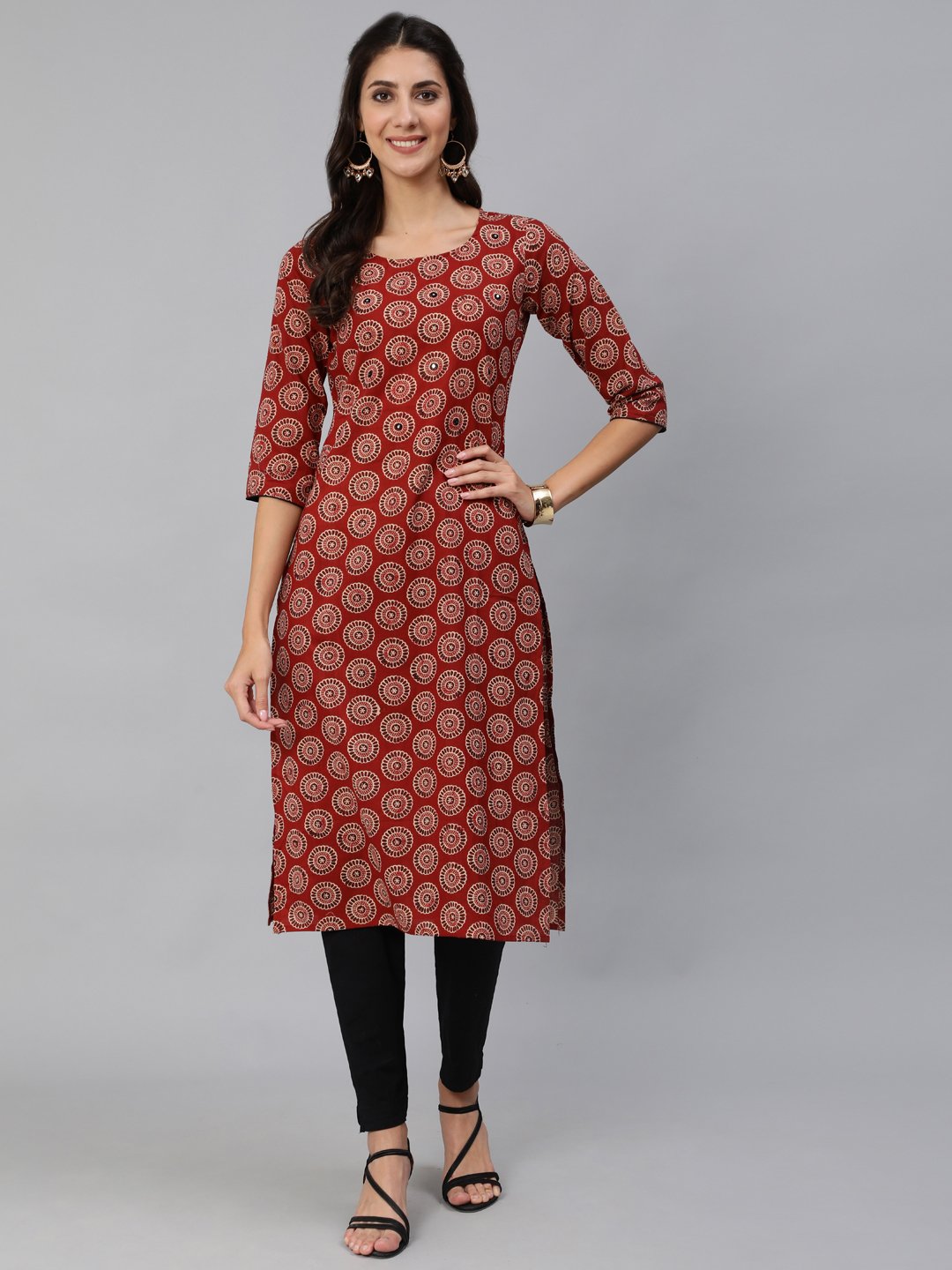 Women Maroon Embroidered Straight Kurta With Three Quarter Sleeves | NOZ2TOZ - Made In INDIA.