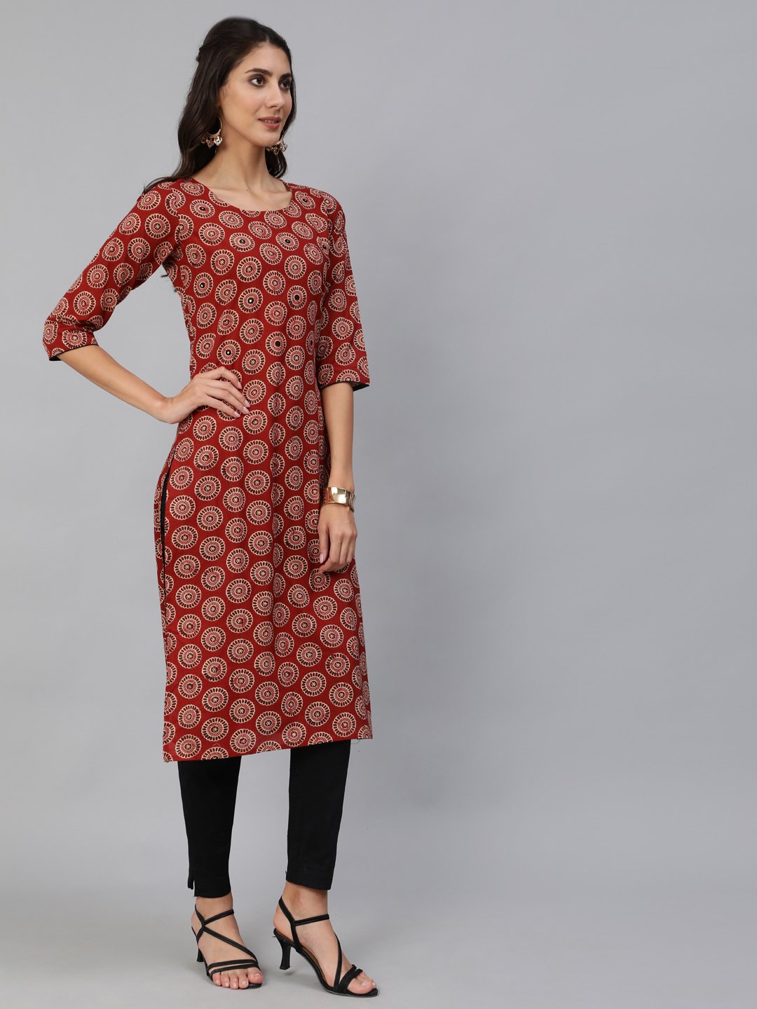 Women Maroon Embroidered Straight Kurta With Three Quarter Sleeves | NOZ2TOZ - Made In INDIA.