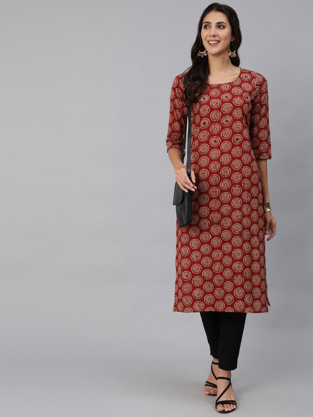 Women Maroon Embroidered Straight Kurta With Three Quarter Sleeves | NOZ2TOZ - Made In INDIA.