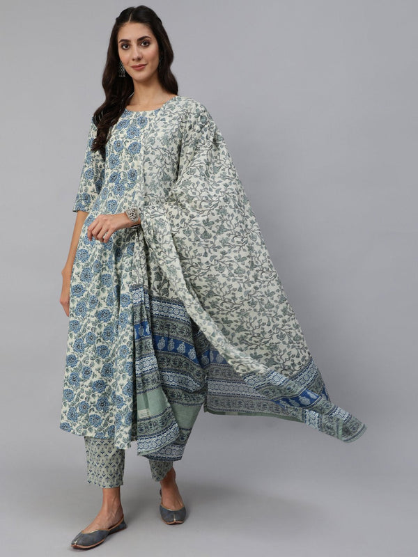 Women Blue & Cream Floral Printed Kurta Set With Trouser & Dupatta | NOZ2TOZ - Made In INDIA.