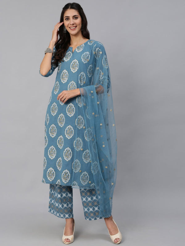 Women Blue & Gold  Printed Kurta Set With Plazo & Dupatta | NOZ2TOZ - Made In INDIA.