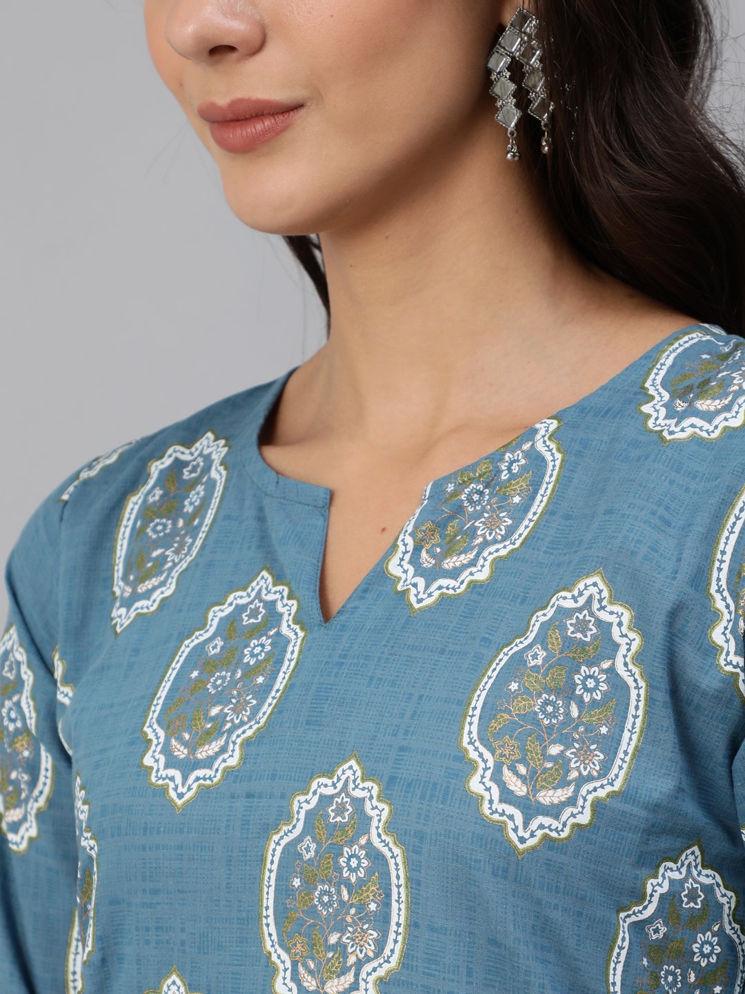 Women Blue & Gold  Printed Kurta Set With Plazo & Dupatta | NOZ2TOZ - Made In INDIA.