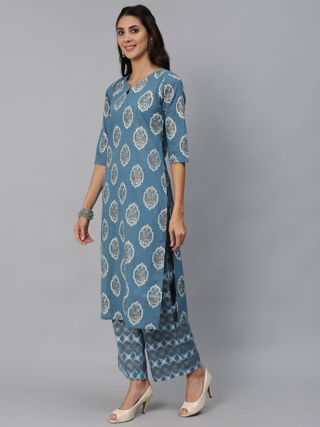 Women Blue & Gold  Printed Kurta Set With Plazo & Dupatta | NOZ2TOZ - Made In INDIA.