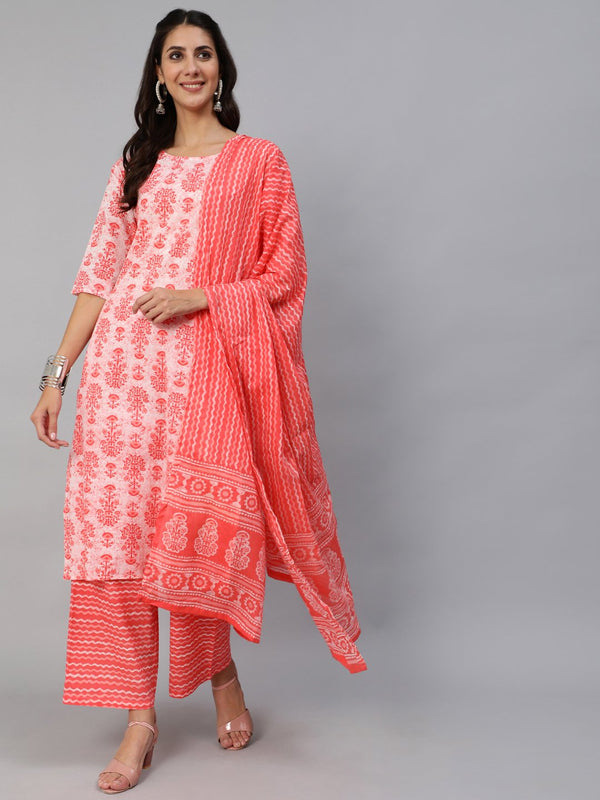 Women Pink Printed Kurta Set With Plazo & Dupatta | NOZ2TOZ - Made In INDIA.