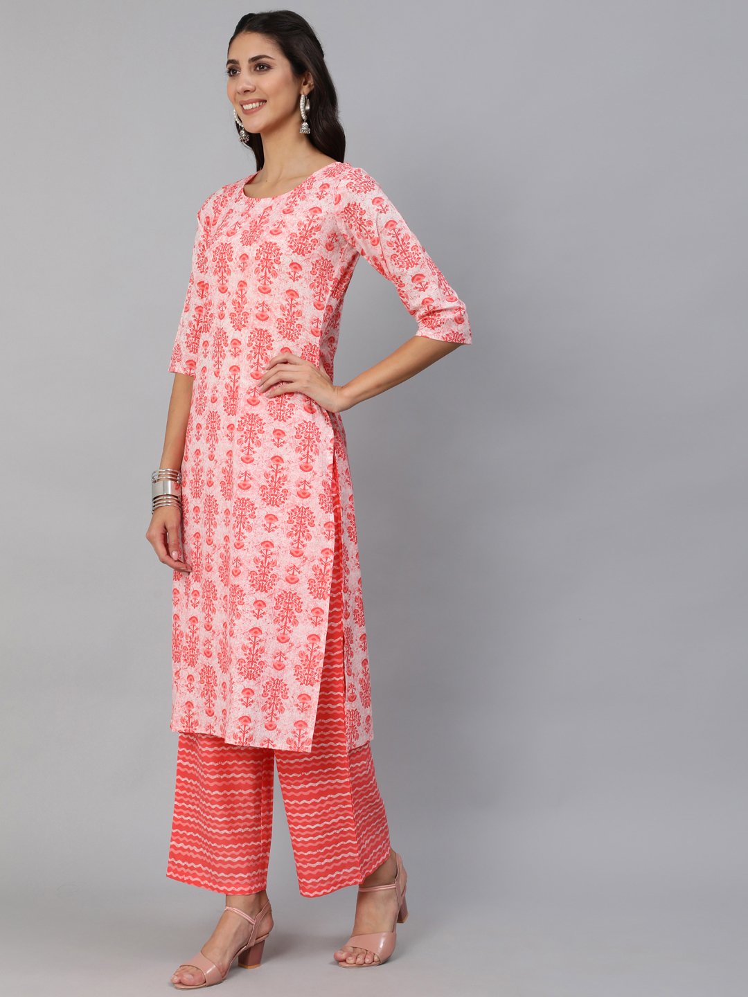 Women Pink Printed Kurta Set With Plazo & Dupatta | NOZ2TOZ - Made In INDIA.