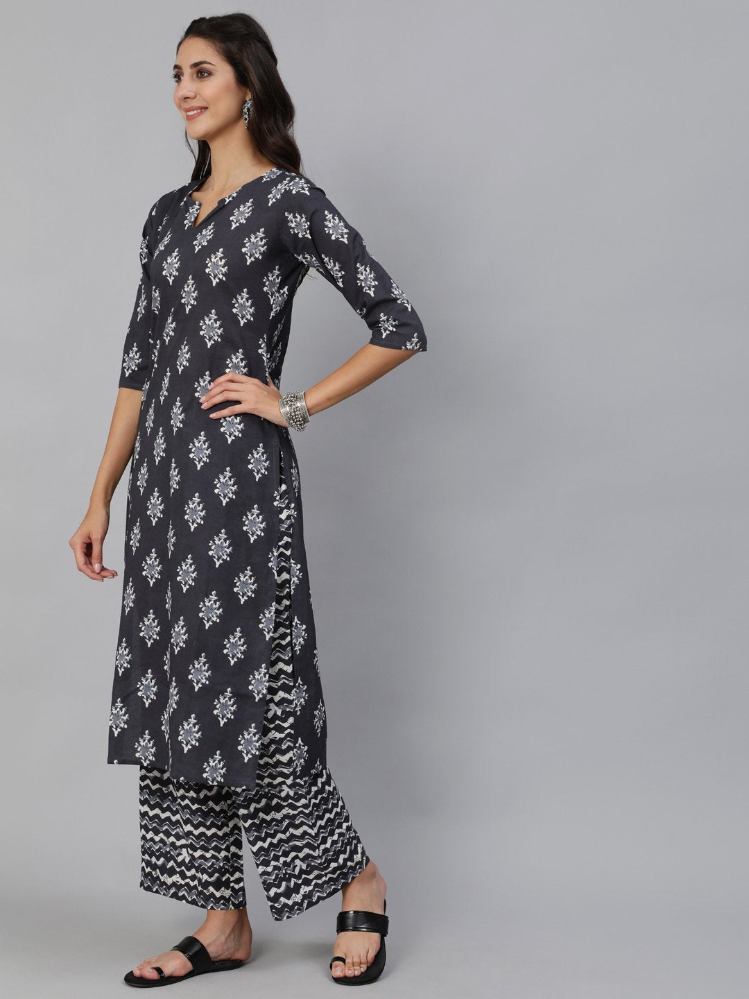 Women Grey Printed Kurta Set With Plazo & Dupatta | NOZ2TOZ - Made In INDIA.