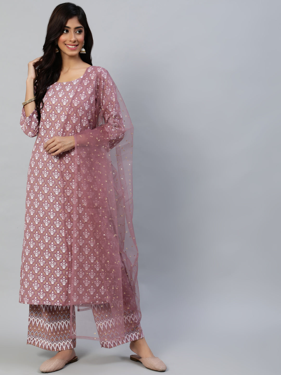 Women Pink Straight Kurta With Plazo & Sequened Dupatta | NOZ2TOZ - Made In INDIA.