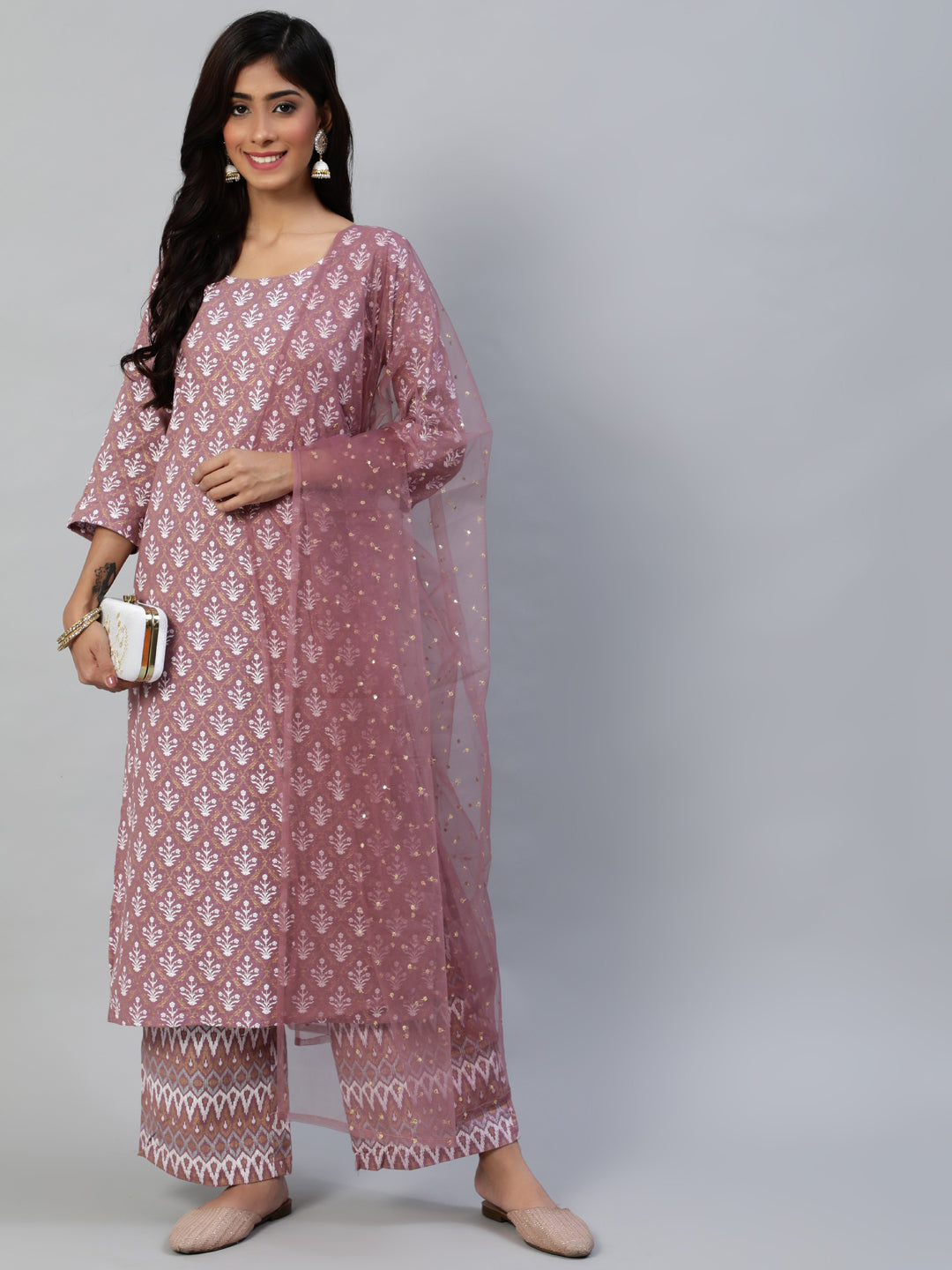 Women Pink Straight Kurta With Plazo & Sequened Dupatta | NOZ2TOZ - Made In INDIA.