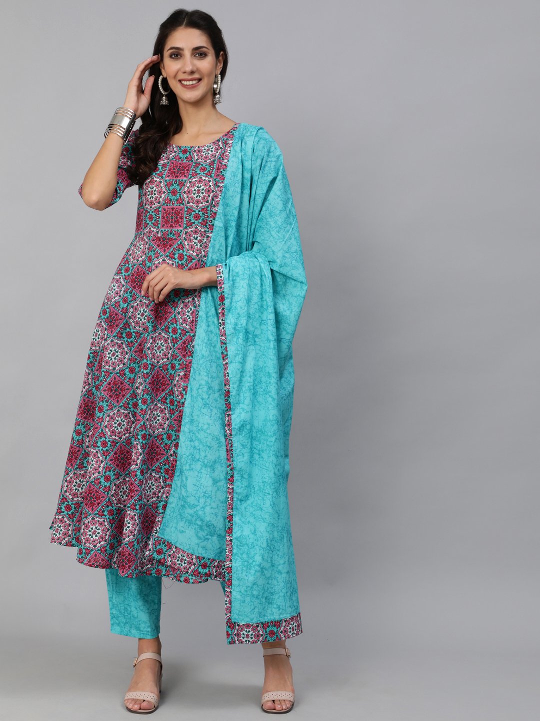 Women Pink & Blue Printed Kurta Set With Plazo & Dupatta | NOZ2TOZ - Made In INDIA.