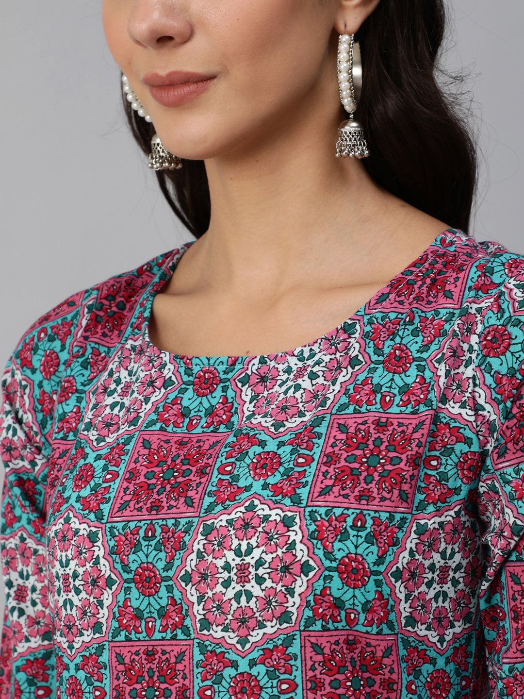 Women Pink & Blue Printed Kurta Set With Plazo & Dupatta | NOZ2TOZ - Made In INDIA.