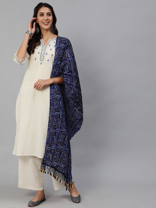 Women Cream & Blue Embroidered Straight Kurta Set With Plazo & Wrinkled Dupatta | NOZ2TOZ - Made In INDIA.