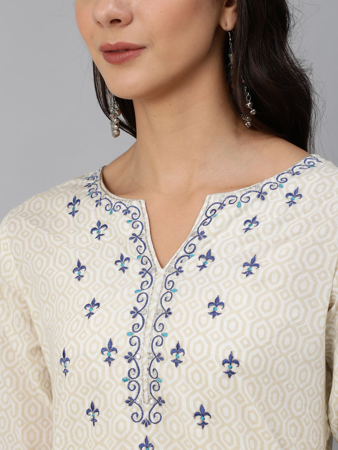 Women Cream & Blue Embroidered Straight Kurta Set With Plazo & Wrinkled Dupatta | NOZ2TOZ - Made In INDIA.