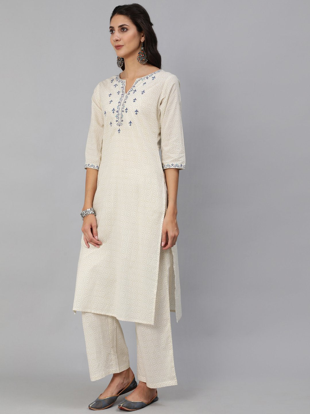 Women Cream & Blue Embroidered Straight Kurta Set With Plazo & Wrinkled Dupatta | NOZ2TOZ - Made In INDIA.