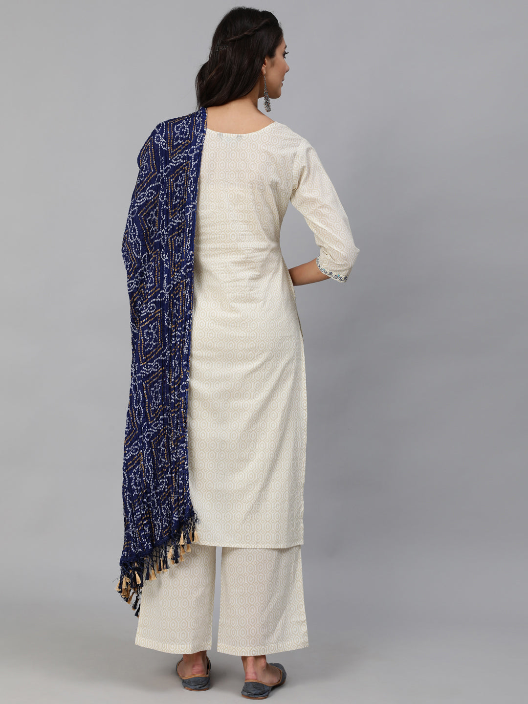 Women Cream & Blue Embroidered Straight Kurta Set With Plazo & Wrinkled Dupatta | NOZ2TOZ - Made In INDIA.