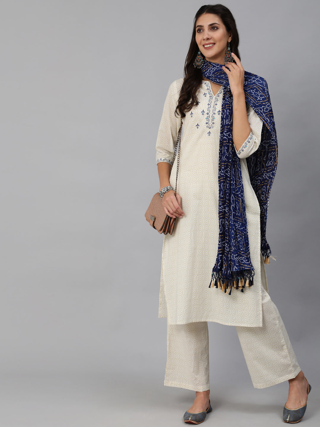 Women Cream & Blue Embroidered Straight Kurta Set With Plazo & Wrinkled Dupatta | NOZ2TOZ - Made In INDIA.