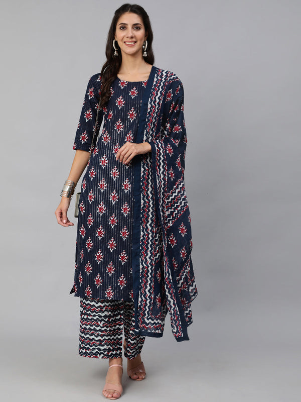 Women Blue Ethnic Striped Printed Straight Kurta With Three Quarter Sleeves | NOZ2TOZ - Made In INDIA.