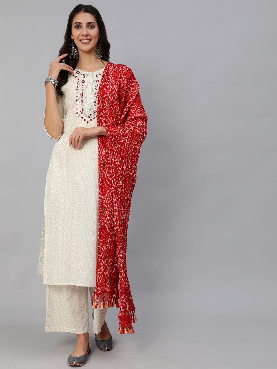 Women Cream & Red Embroidered Straight Kurta Set With Plazo & Wrinkled Dupatta | NOZ2TOZ - Made In INDIA.